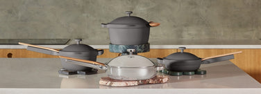 Our Place - Black Friday Sale - Cookware Collection Page - Always Pan in Blue Salt, Always Pan in Spice, Always Pan in Sage, Tagine in Midnight Marble and Spruce Steamer.